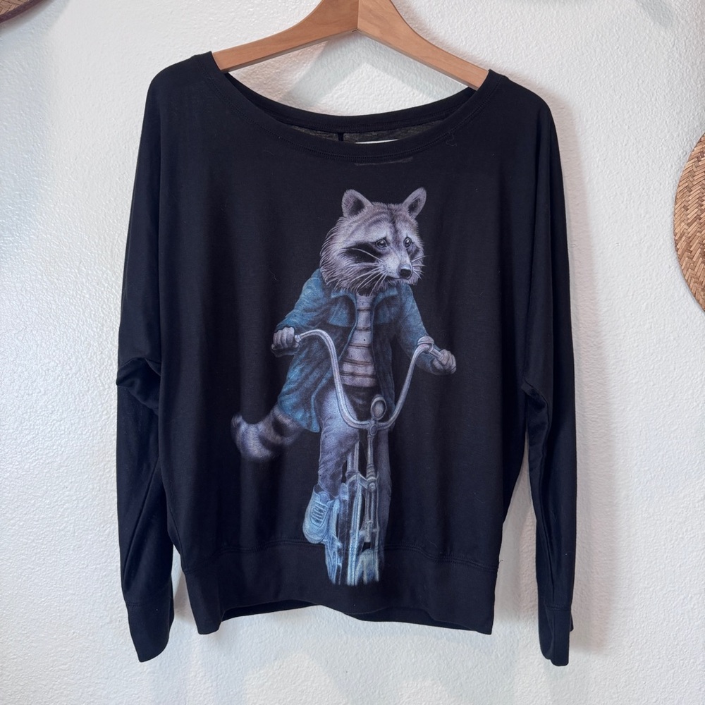 Dolman Sleeve Graphic Tee Raccoon on Bicycle Design Urban Woodland NWT